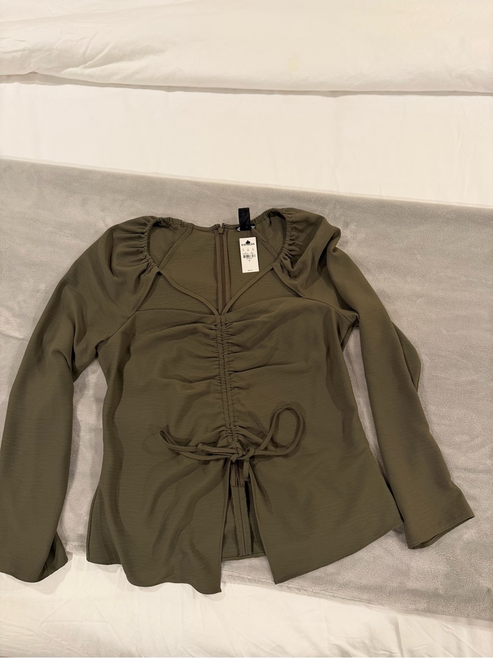 *NWT* Express Olive Green Ruched Front Tie Blouse - Picture 2 of 5